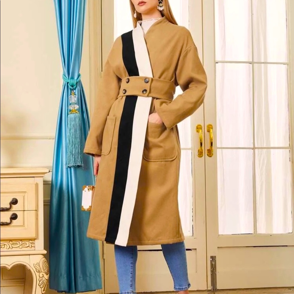 SHEIN Buttoned Belted Pocket Front Striped Coat.